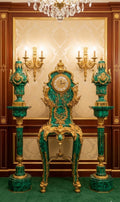 Royal Malachite & Gold Bronze Clock Set with Decorative Vase Stands — Italian Baroque