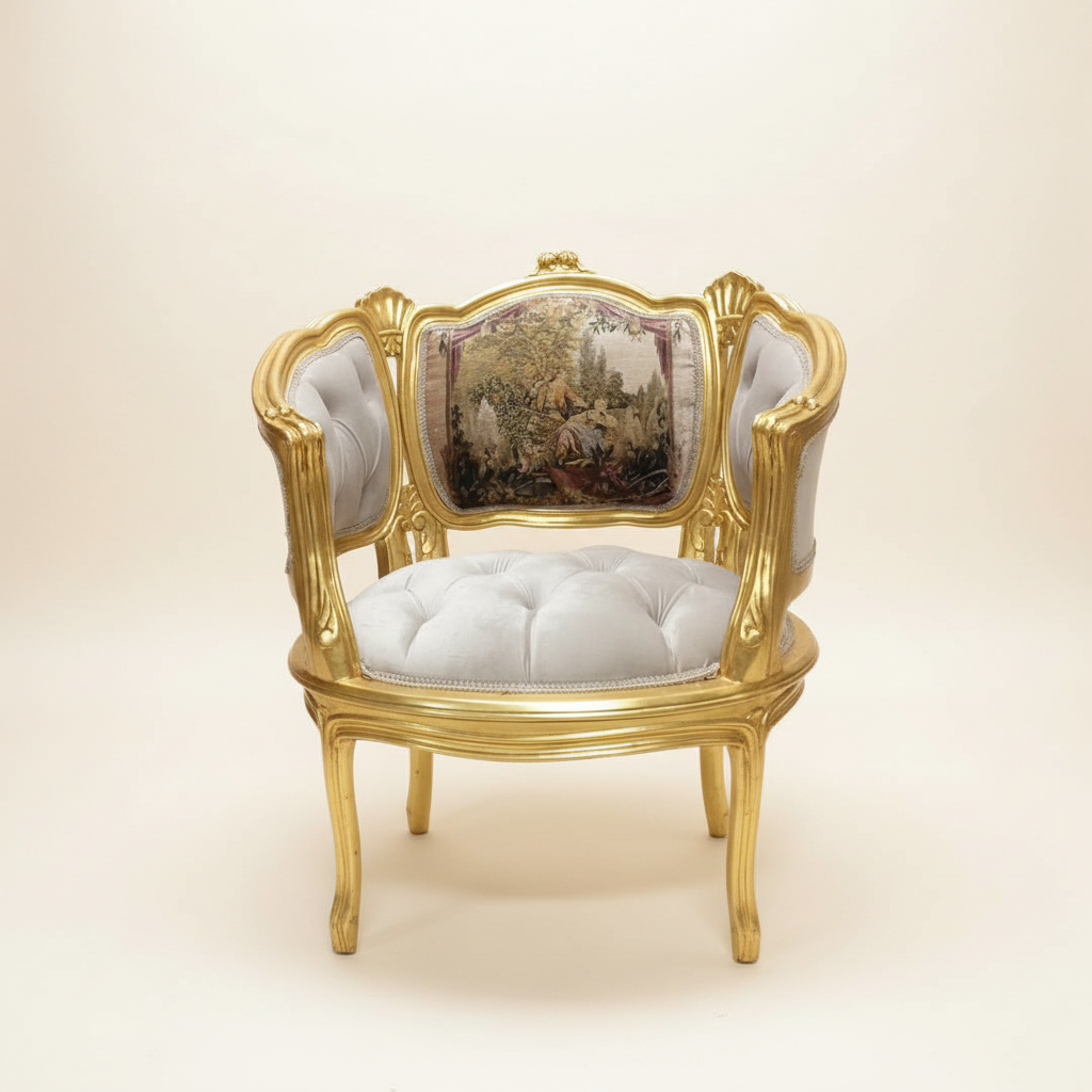 Louis XV gilt wood armchair front view — cream background