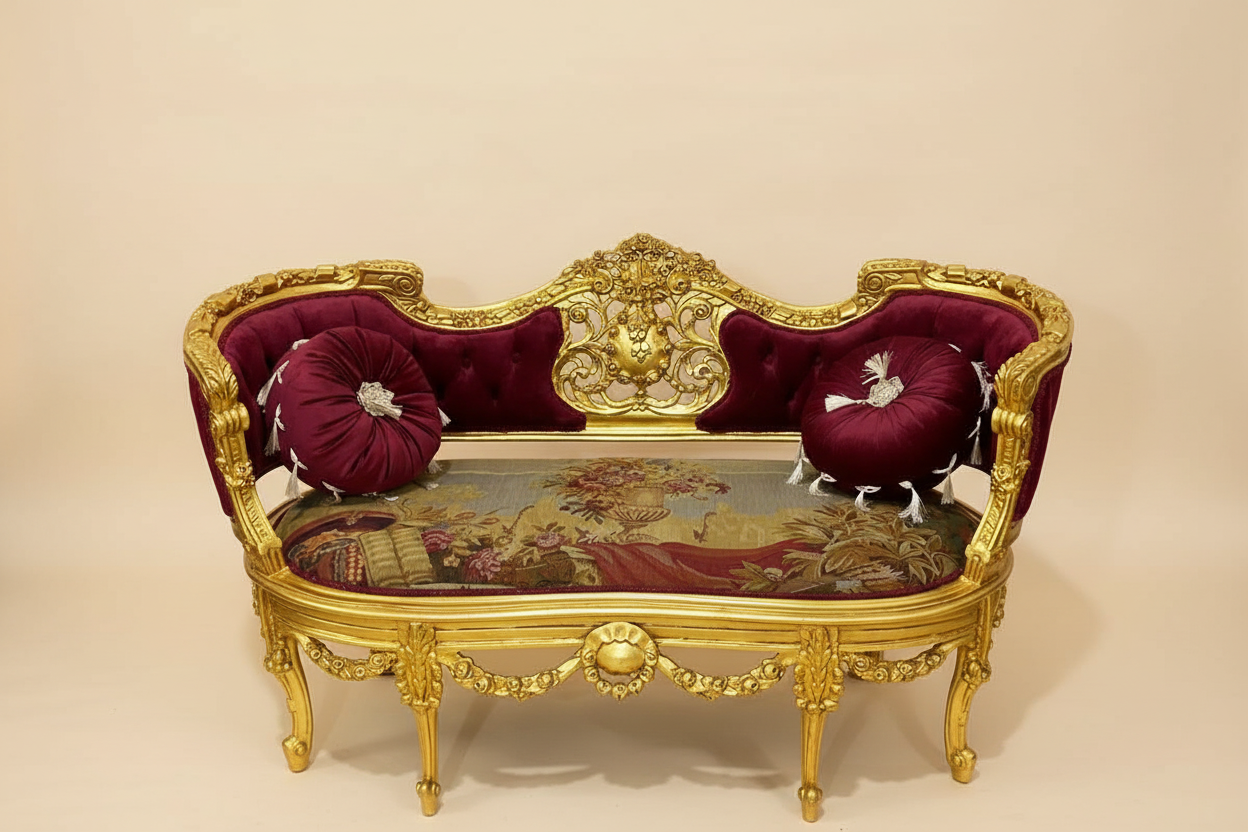 Louis XVI settee — gold gilt and burgundy velvet