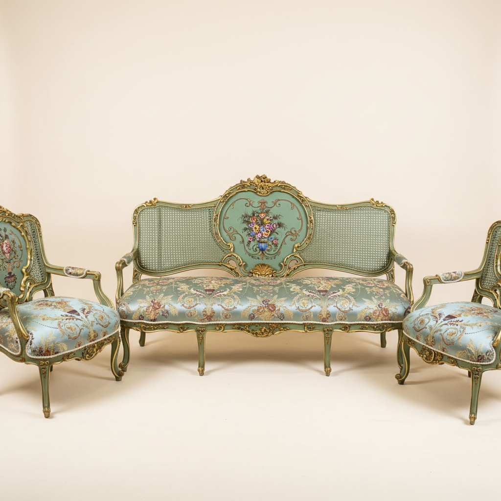 Louis XV settee with armchairs — cream background