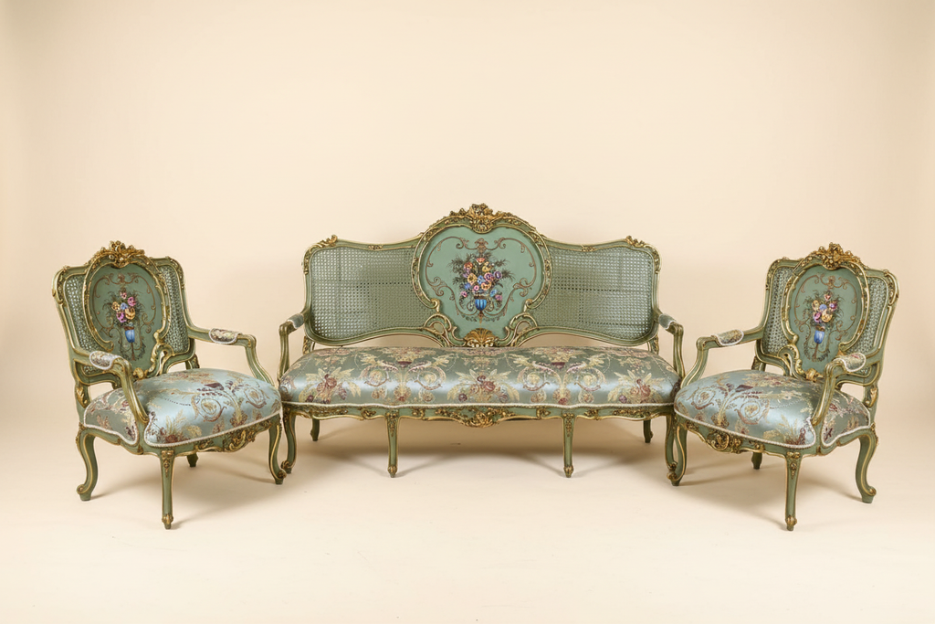 Full Louis XV salon set — settee and armchairs