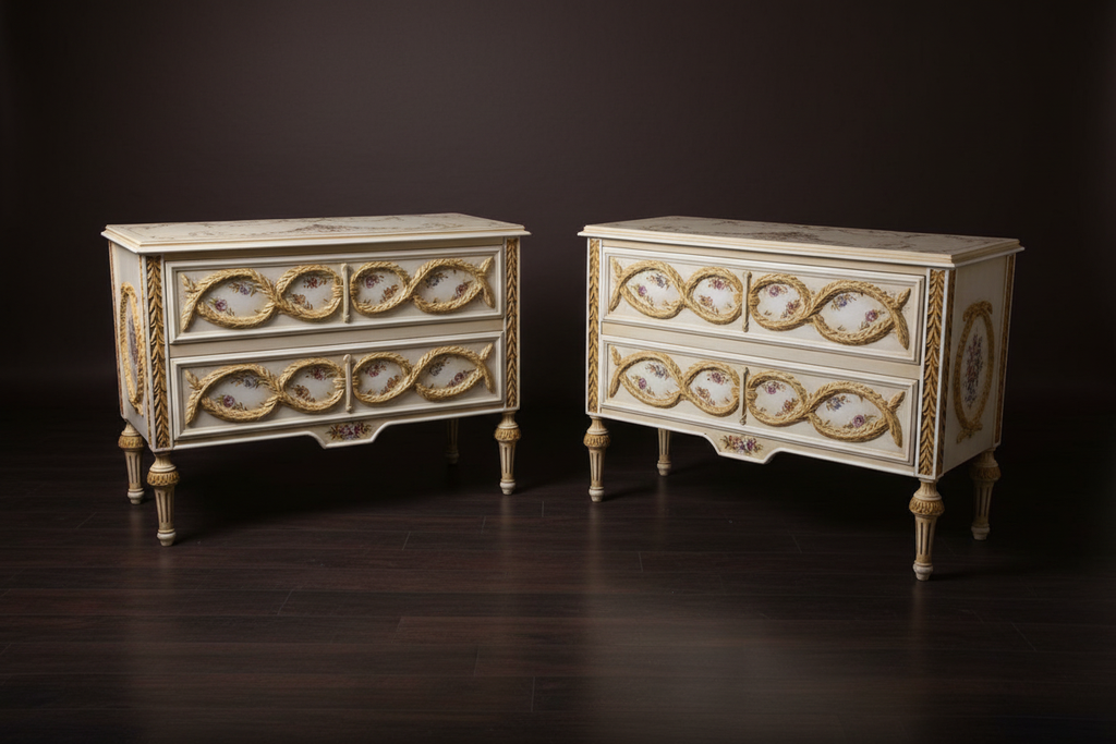 Pair of commodes side view — dark luxury background