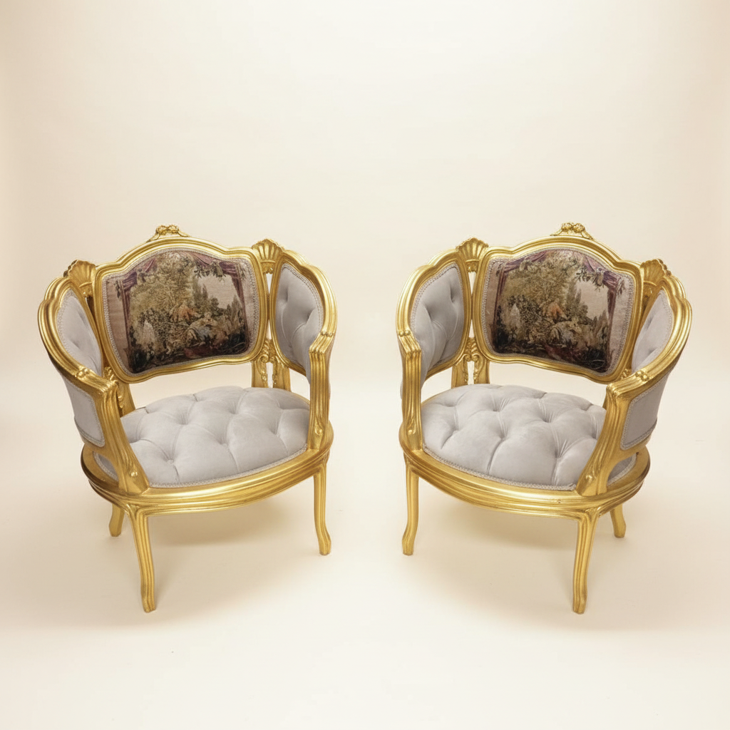 Louis XV gilt wood corbeille armchairs pair — cream background