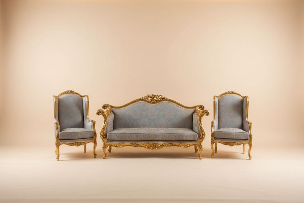 Full salon set — settee and two armchairs, cream background
