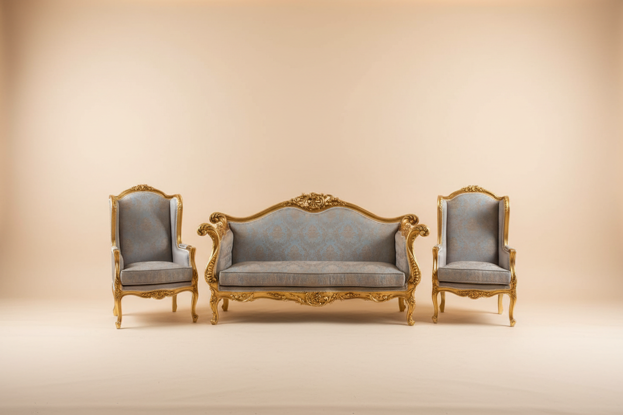 Full salon set — settee and two armchairs, cream background
