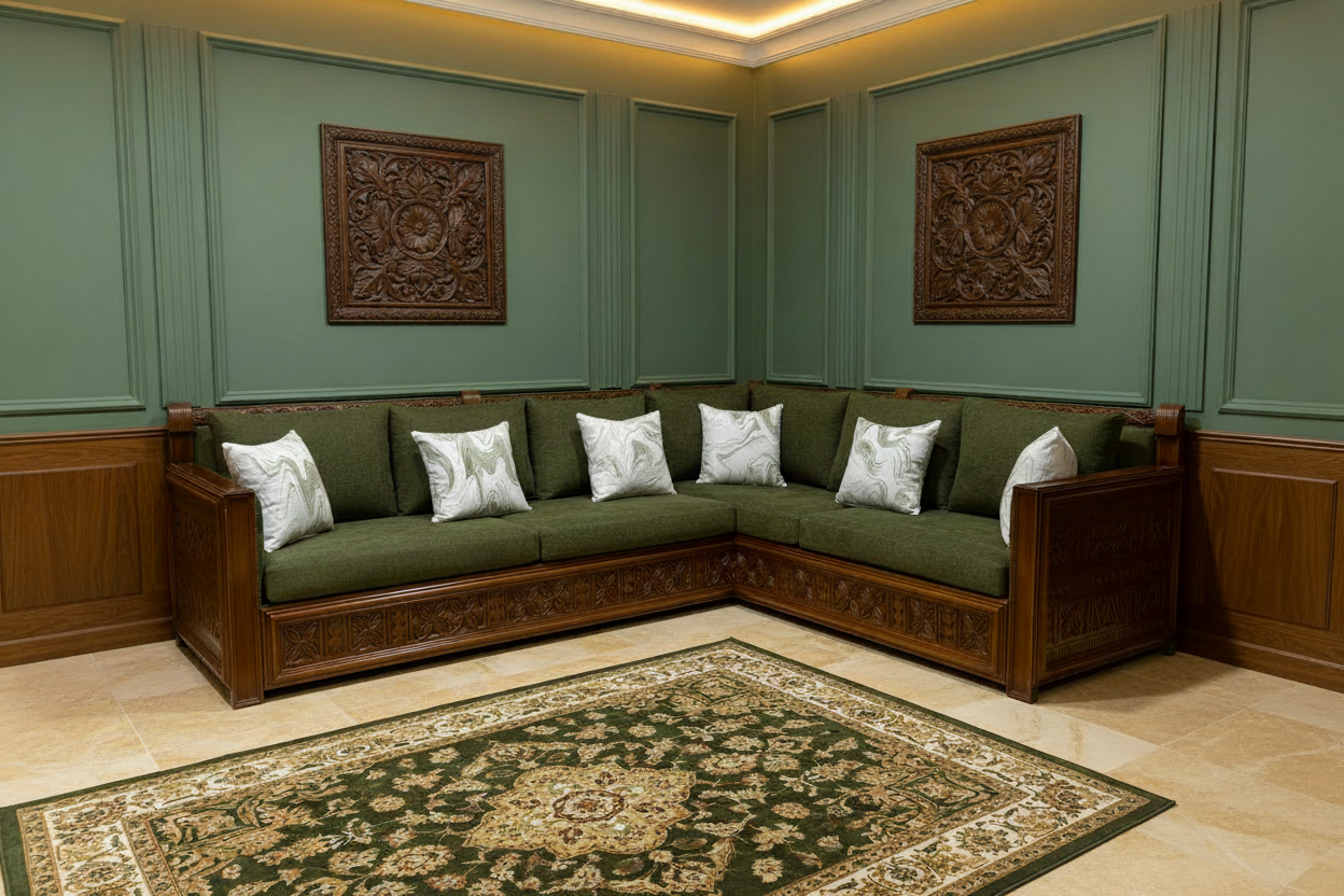 كنبة ركنية — زاوية قطرية مع نقش