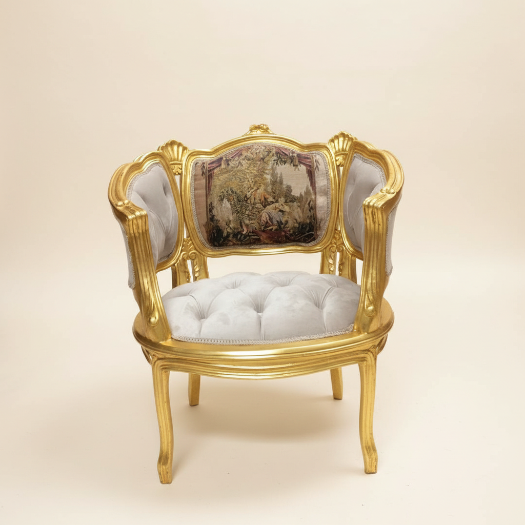 Louis XV gilt wood armchair side view — cream background