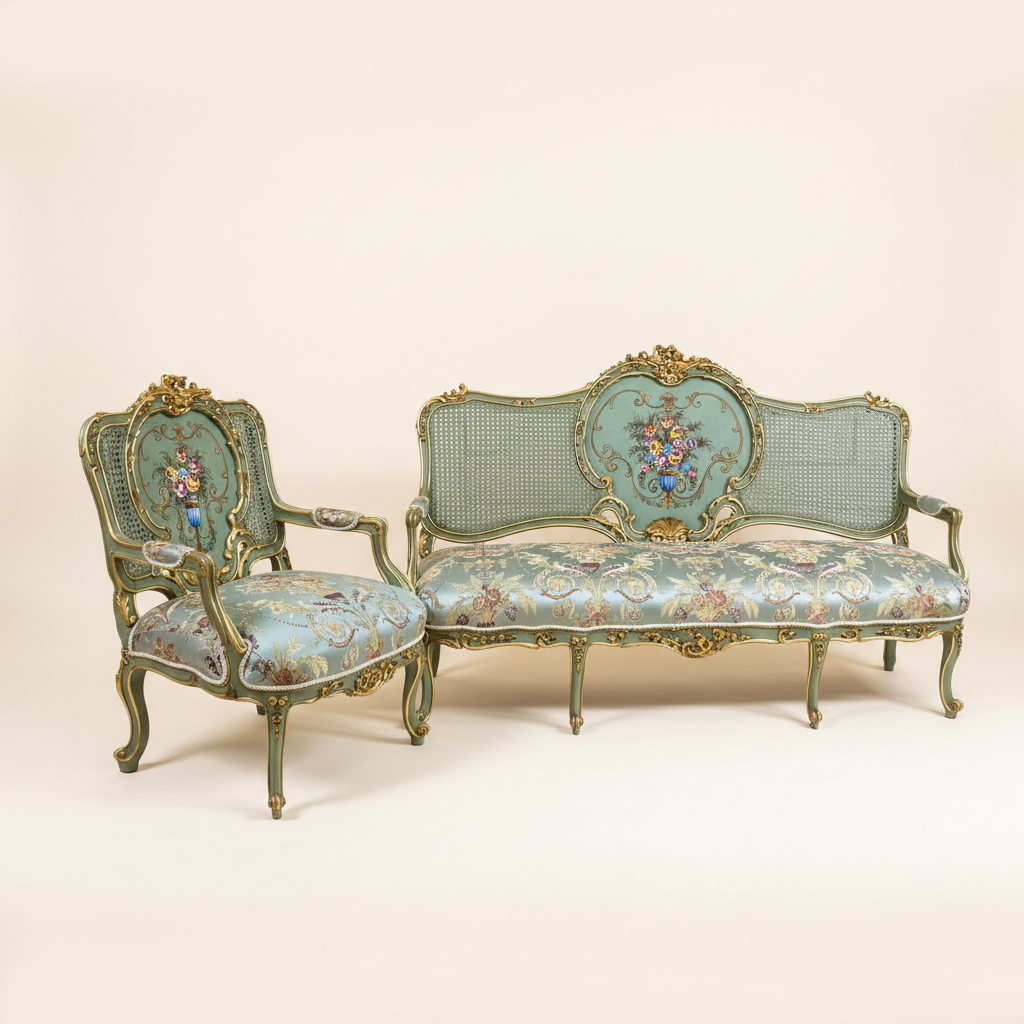 Louis XV settee and armchair — cream background