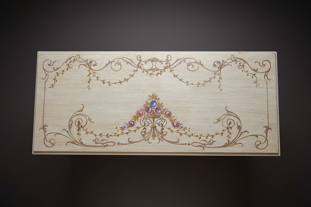 Commode top hand-painted detail — dark luxury background