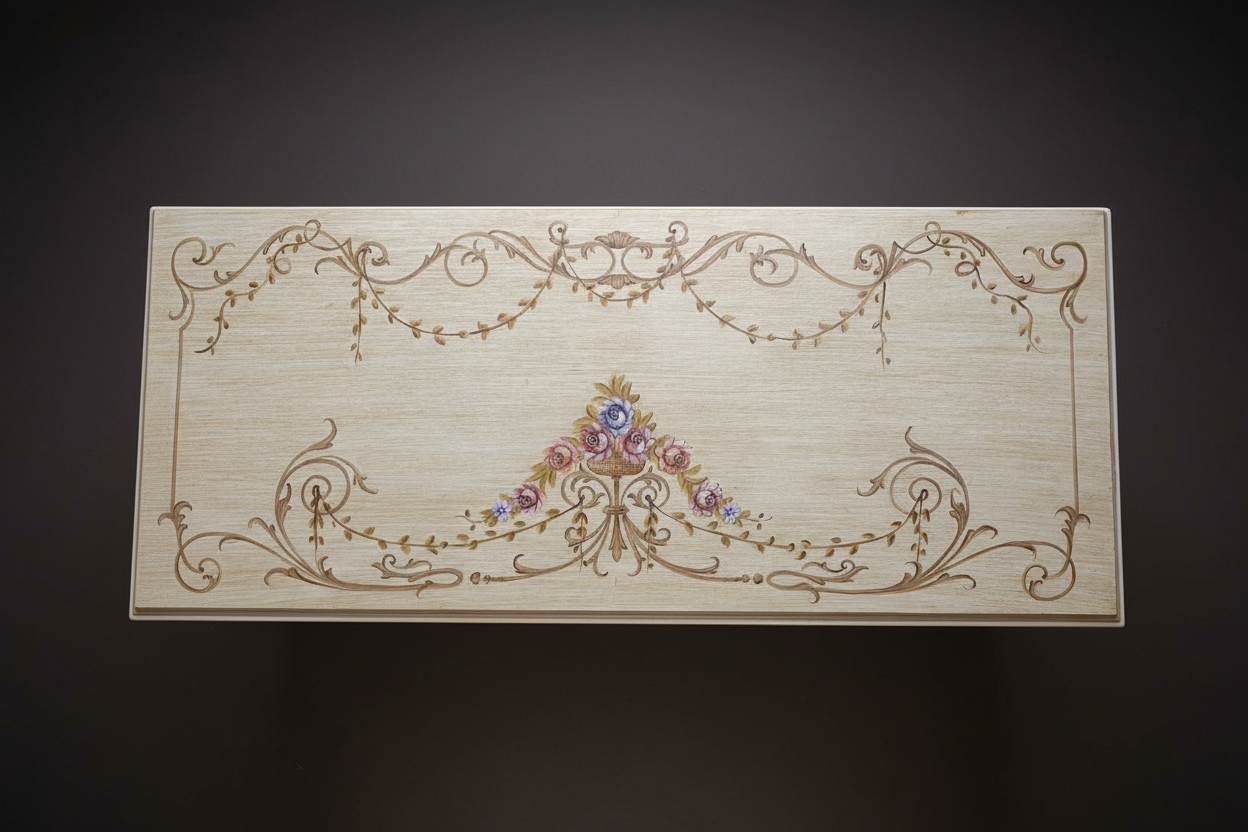 Commode top hand-painted detail — dark luxury background